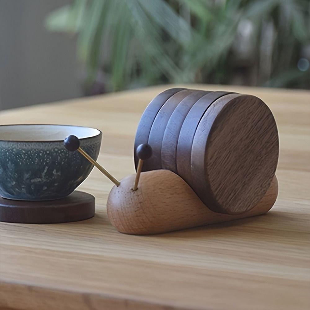 Walnut Wooden Tea Cup Mat Snail Shape Table Insulation Pad Round Drink Coaster Set  Countertop