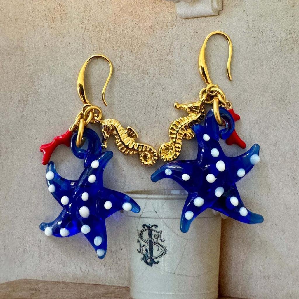Starfish Ocean Earrings: Seahorse Series with Goldfish and Coral Design in Stainless Steel