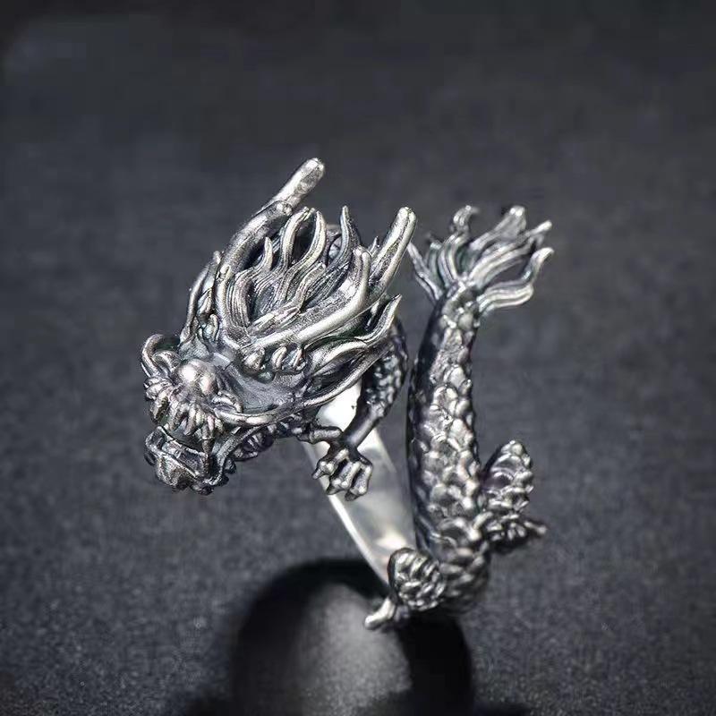 Trendy Retro Ring Dragon Men's Open Dragon Pattern Ring Domineering Dragon-shaped Coiled Dragon Index Finger Ring