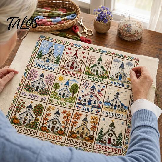 Twelve Month Decorative Wall Art 12-Month Cross Stitch Kit, DIY Four Seasons Embroidery Seasonal Monthly Kit Stamped Stitching Craft Set for