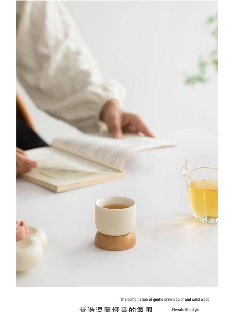 Japanese Minimalist Wooden Teacup Gift Set - Cream Style for Women, Personal Use, Tasting Cup