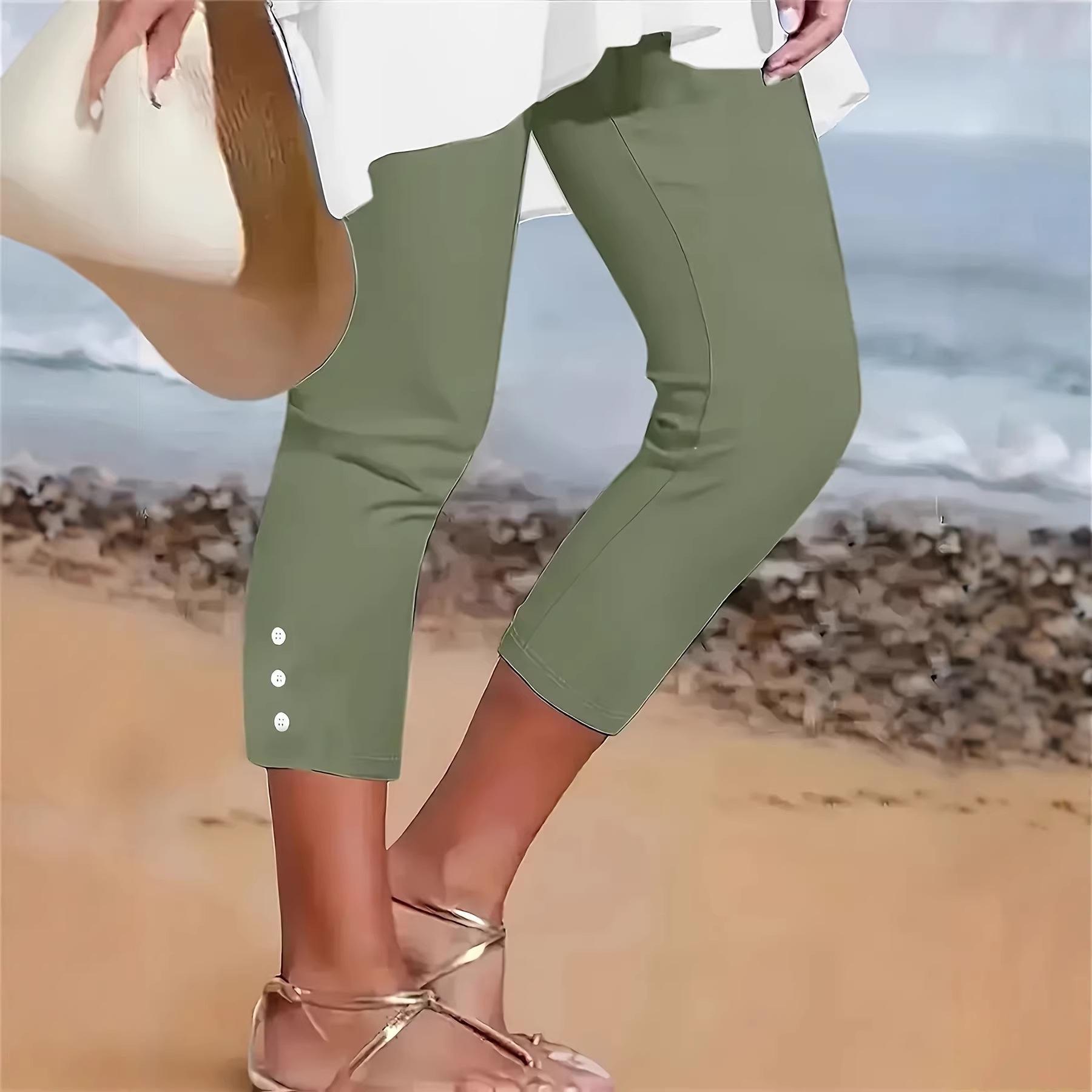 Summer 2026 Mid-Waist Elastic Solid Color Sexy Button Casual Pants L