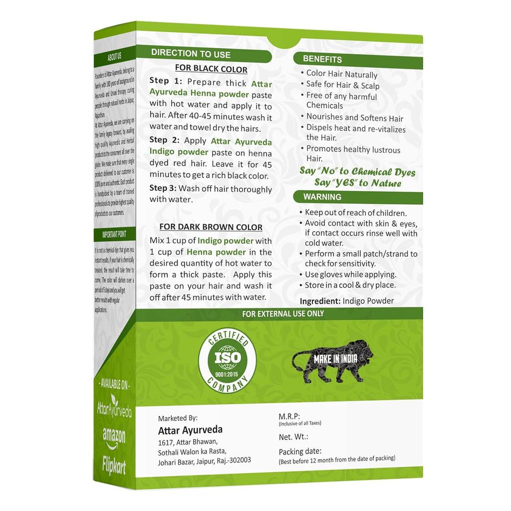 Attar Ayurveda Indigo Powder For Black Hair 400g Natural Hair Color Revitalizing & Soothing