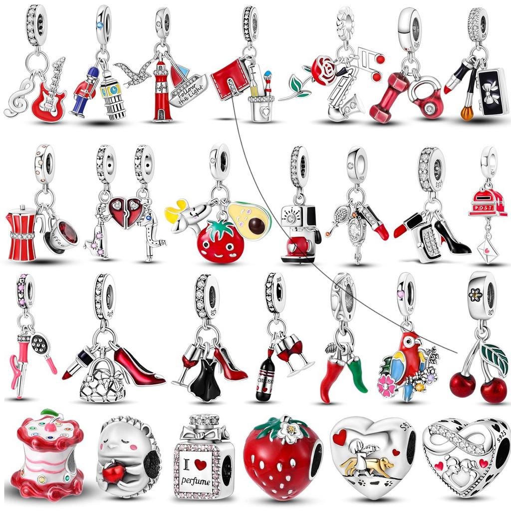 Copper Red Color Charms Bead Lipstick High Heels Heart Strawberry Dangle Fit Original Pandora Bracelet Diy Jewelry
