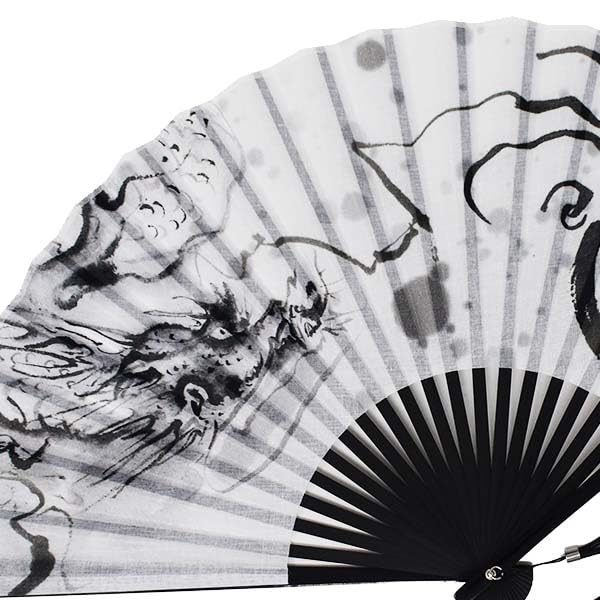 Cutie cadou evantai mare curea de piele Evantai, evantai Sumi-e, evantai vopsit în negru, dragon, geantă, inclus, inclus, pictat de părinte
