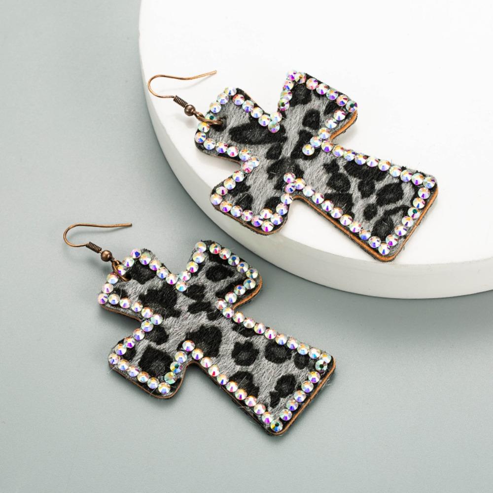 

Double-sided Printed Exaggerated Cross Shaped Earrings Crystal Genuine Leather Ear Cuffs Party Black Earrings