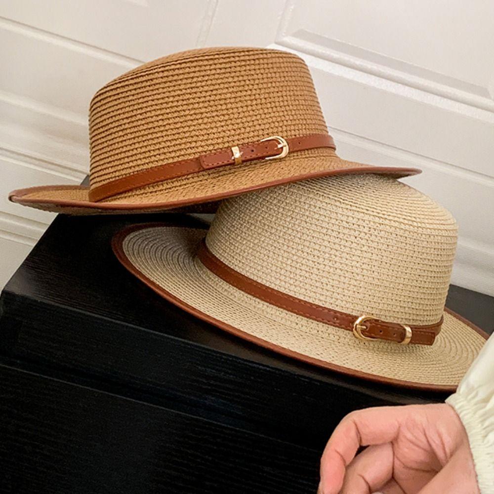 Wide Brim Flat Top Cowboy Cap Flat Brim Panama Hat Retro Women's Sun Hat  Travel