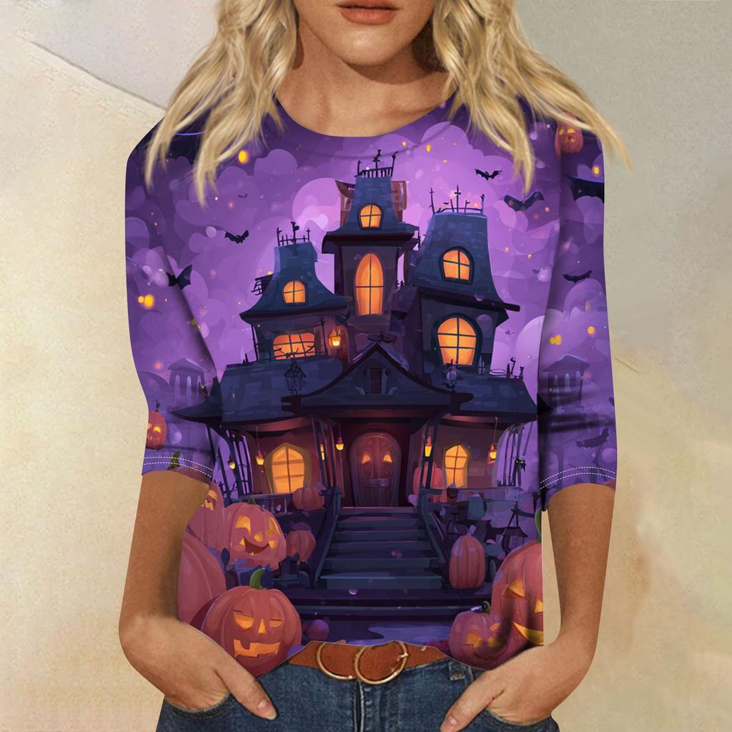 Women's Fashion Casual Round Neck Three-quarter Sleeve Halloween Printed T-shirt Top