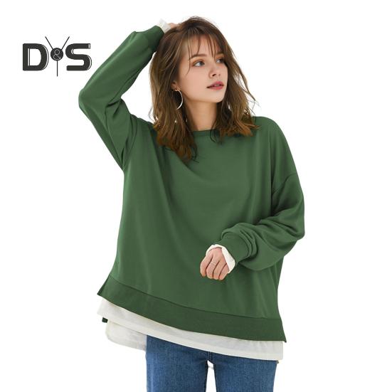 Women Sweatshirt Round Neck Long Sleeve Solid Color Loose Fit Pullover Tops Fake Two Pieces Side Slit Design Casual Sport Tops