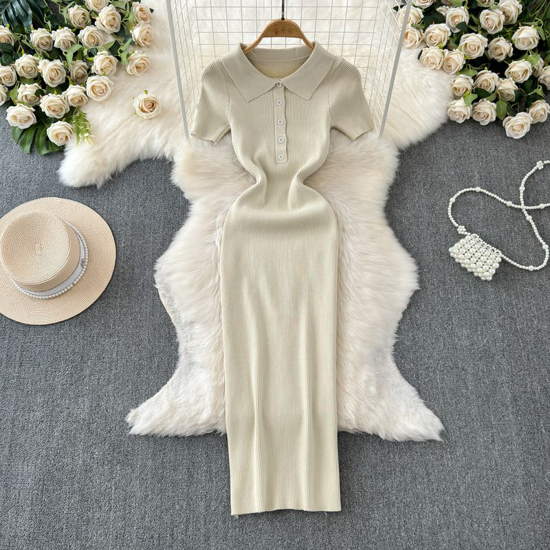 2024 Summer Korean New Elegance Retro Elegant Short Sleeve Polo Collar Waist-Tight Slimming Knitted Hip-Wrapped Dress