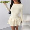 Fashion Autumn Winter Solid Color Print Long Sleeve O-Neck Casual Dresses International Design