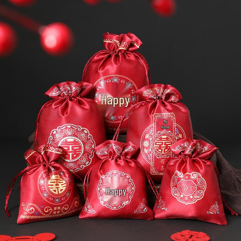 Elegant Wedding Celebration Candy Bags with Sunflower Seeds & Peanuts, No Folding Needed, High-End Drawstring Design, Handheld Cloth Bags.