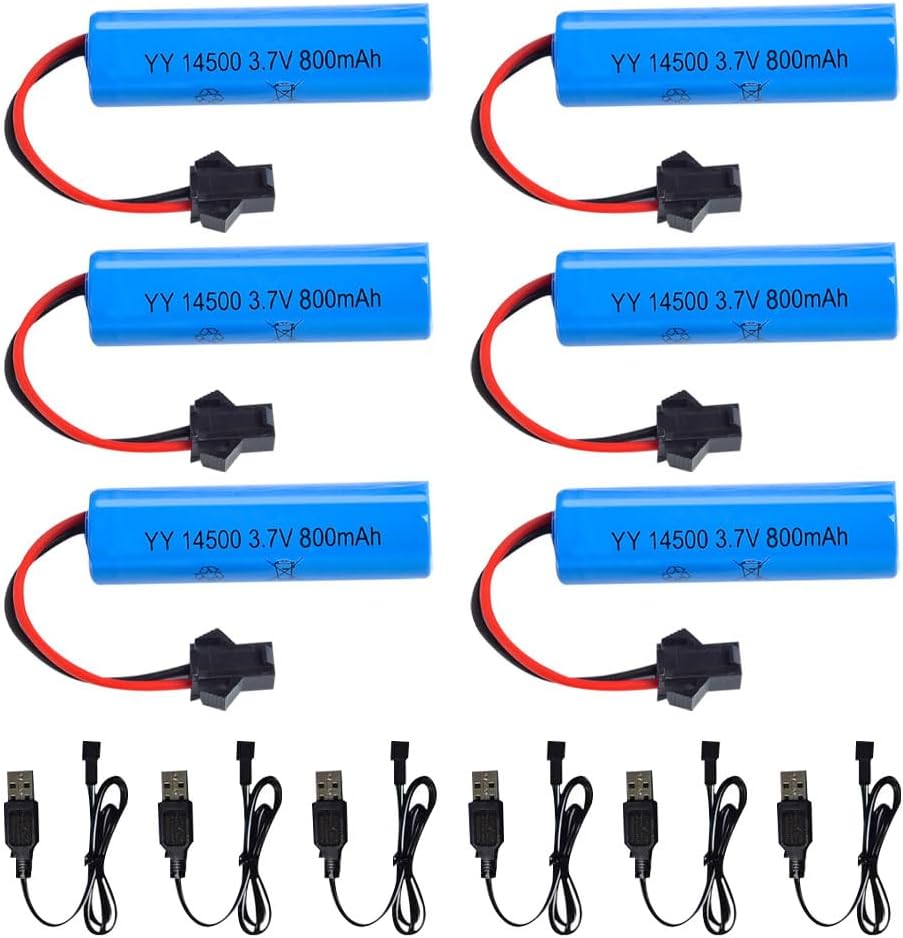 6Pcs LiPo Battery 3.7V 800mAh with SM-2P Connector and USB Charger – For C2 D828 Models – Long Life, Safe Connection, Rechargeable