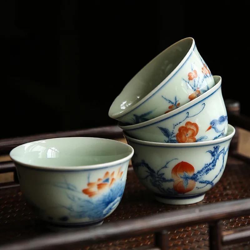 1 Pc Chinese Tradition Handmade Ceramic Tea Cup Exquisite Hand Painted Peach Pattern Tea Bowl Tea Set Porcelain Teacup 70ml