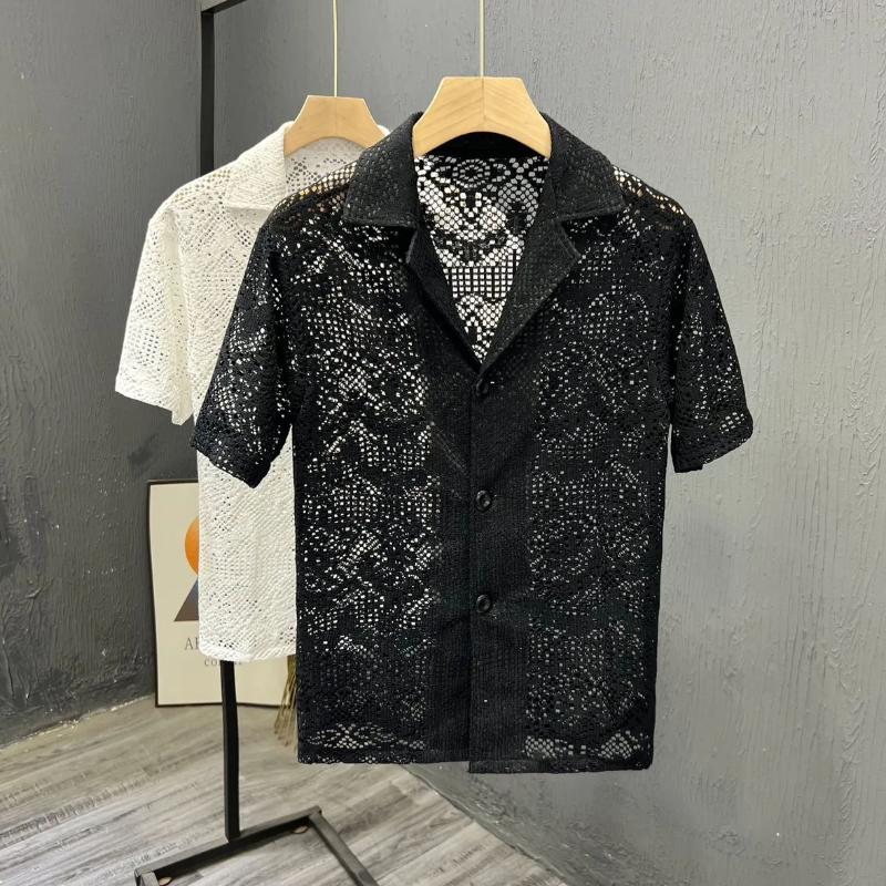 Herrenhemd Neu Kurzärmelig Sommer Dünn Lässig Retro Atmungsaktiv Hohl Spitze Oberteil Aus Elegant Hombre Modisch