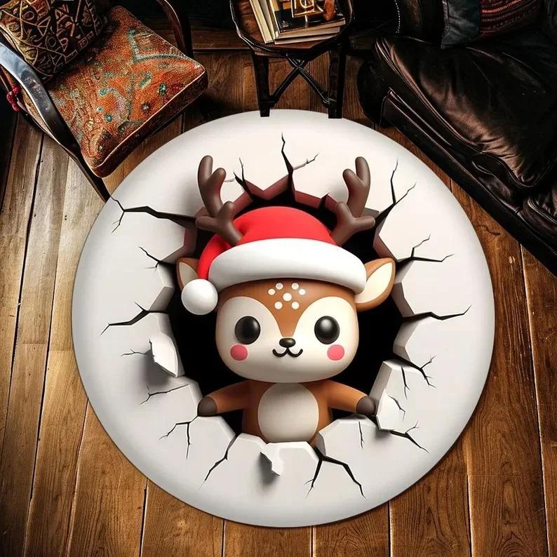 Santa Claus Sled Round Door Mat Carpet Christmas Tree Rug Snowman Round Carpet Bedroom Mat Festival Home Decoration Floor Mat