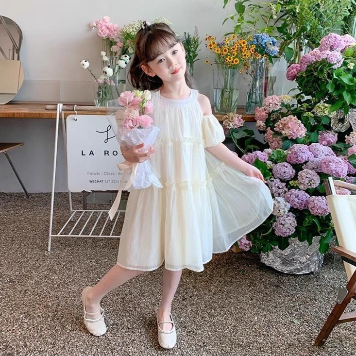 Girls Summer Off Shoulder Chiffon Princess Dress Short Sleeve