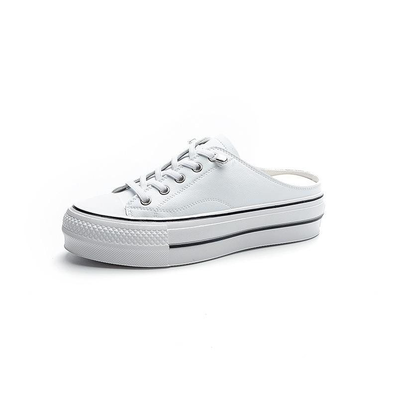 Heel-less half-support shoes, women's summer women's shoes, elastic belt, lazy person, one pedal, leather thick-soled bag head, half slippers.