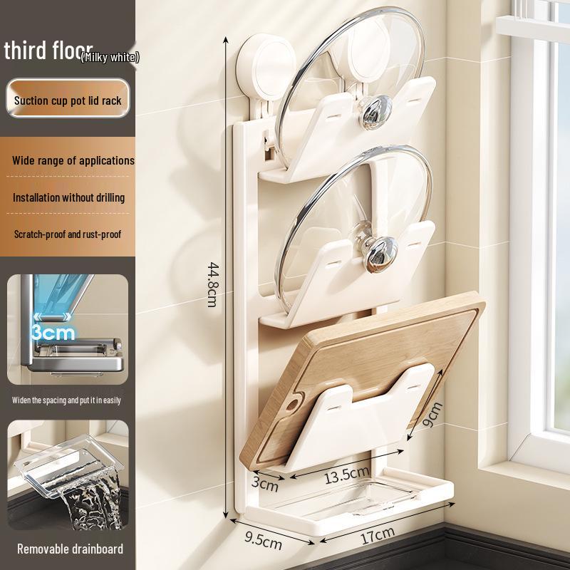 Wall-Mounted No-Drill Suction Cup Kitchen Rack for Pot Lids & Cutting Boards