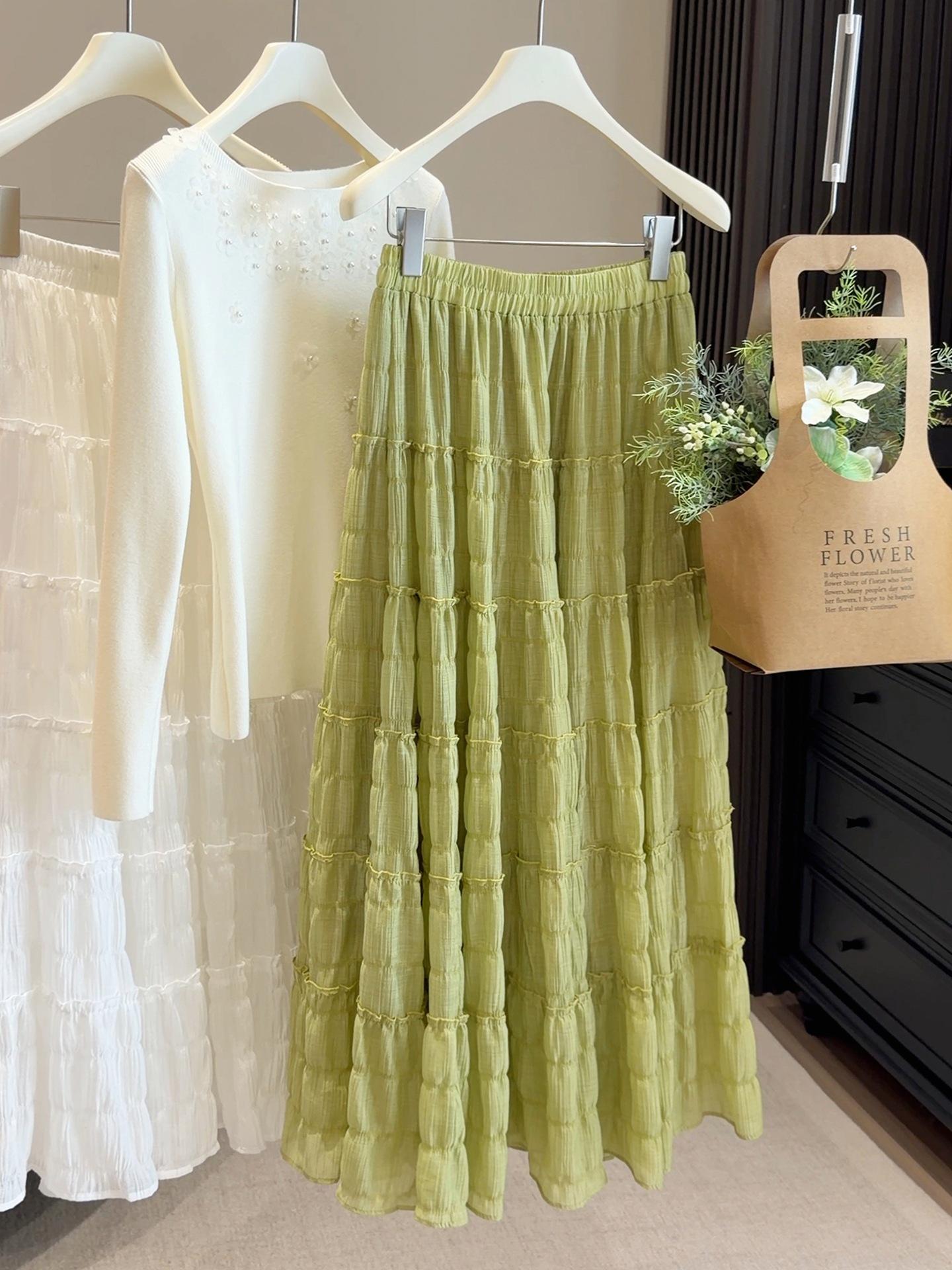 

2026 Spring/Summer High-Waisted Slimming A-Line Pleated Skirt for Women - Gentle Sweet Cake Style, Hip-Covering and Long Length. One Size зелёный