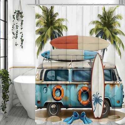 Perdea de Duș Campervan Albastru Ocean de Vară, Perdea de Duș Decorativă pentru Baie, Perdea de Duș Impermeabilă cu H