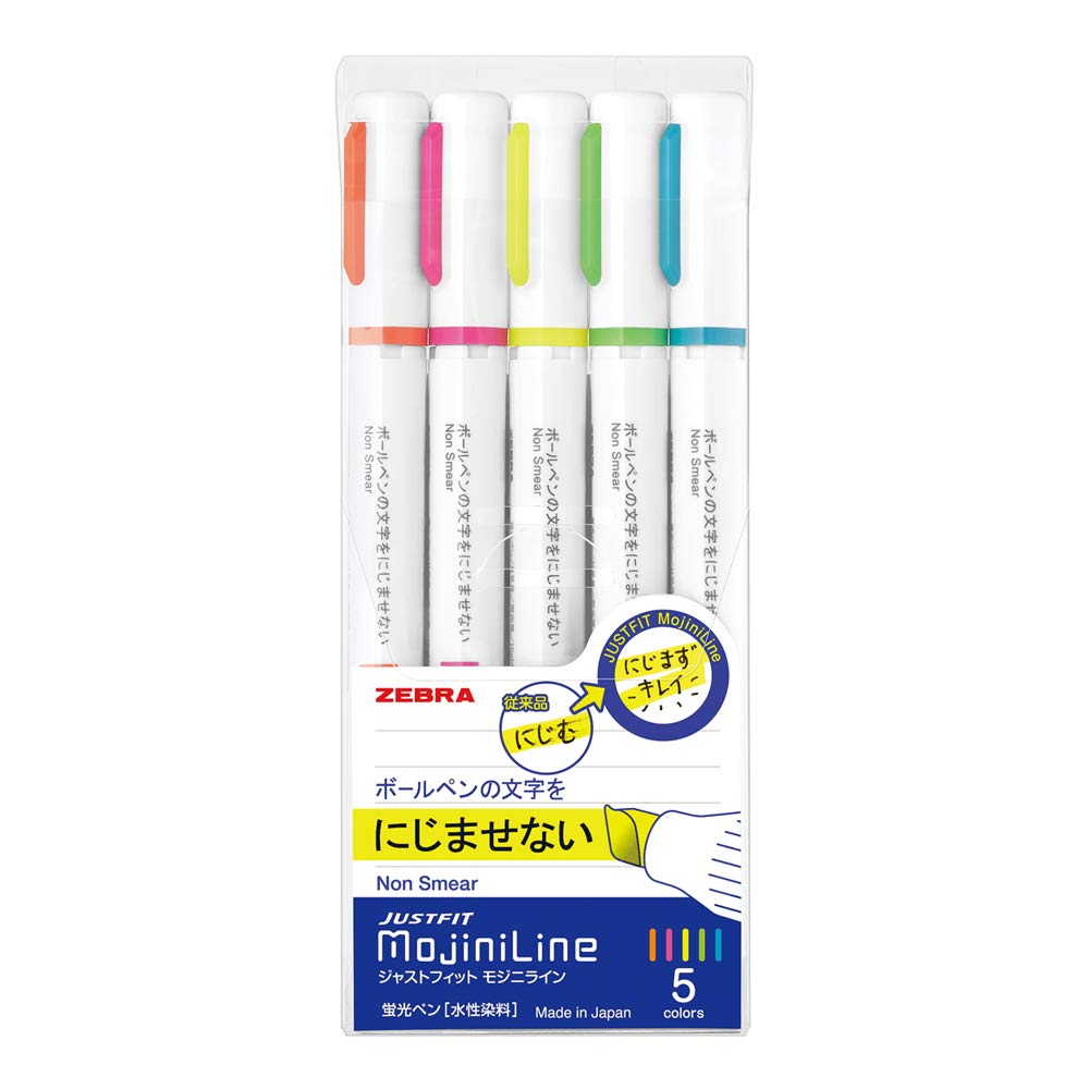 Zebra Justfit Mojini Line Highlighter Set, 5 Colors, Precision Tip, Compact 11.6x11.6x135.1mm, 53.5g