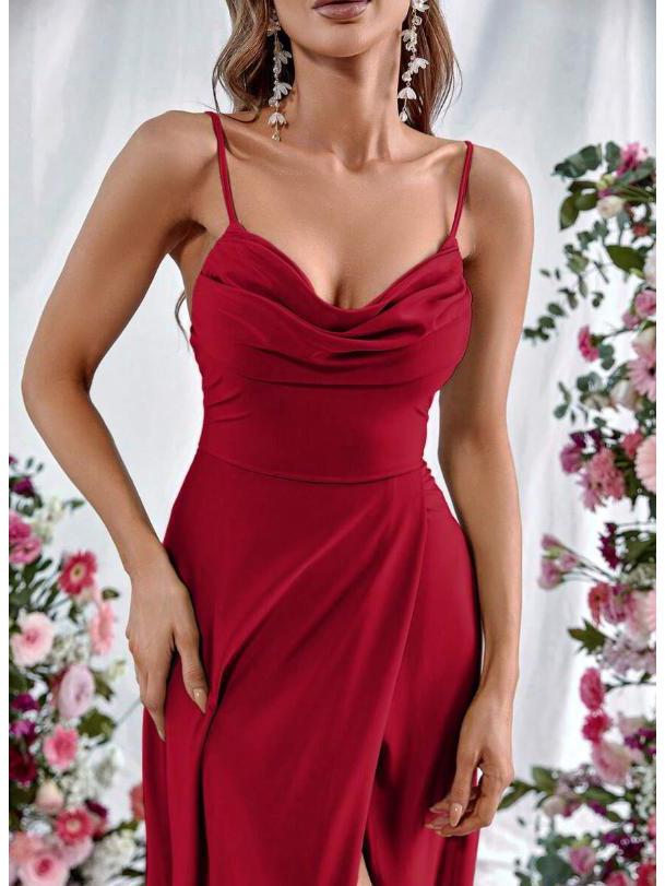European Spring 2026 Strappy Off-Shoulder Sleeveless Slit Solid Color Elegant Women's Dress