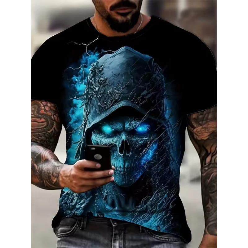 Men's Summer Casual T-Shirt 3D Golden Lightning Skull Print Short Sleeve Streetwear