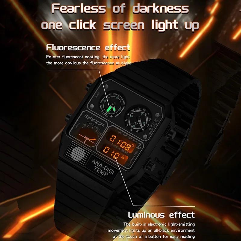 SANDA Electronic Watch Men Square Steel Band Digital Wristwatch Temperature Measurement Stopwatch Timing Multifunctional Watch