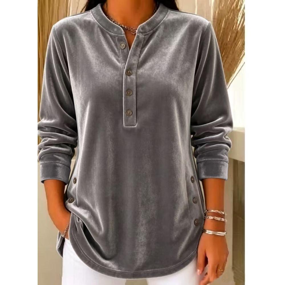 Autumn Winter New Women's Gold Velvet Top Casual Loose V-Neck Button Long Sleeve T-Shirt Velour Tee