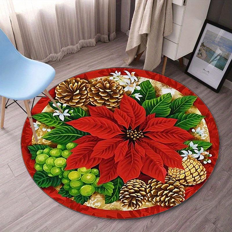 Poinsettia flower pinecone round rug crystal velvet floor mat Christmas holiday decor festive red green living room carpet 60cm