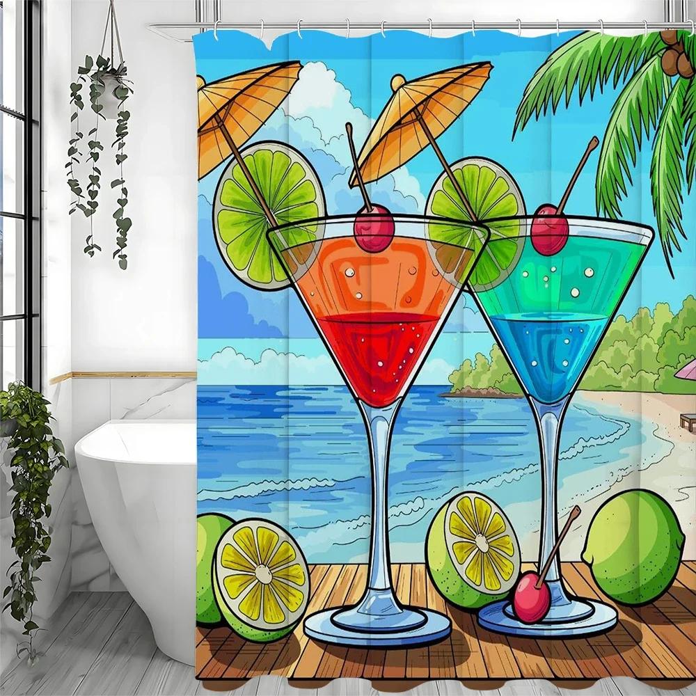 ~O~Cocktail Ocean Beach Shower Curtain, Bathroom Decorative Shower Curtain, Waterproof Shower Curtain with Hooks