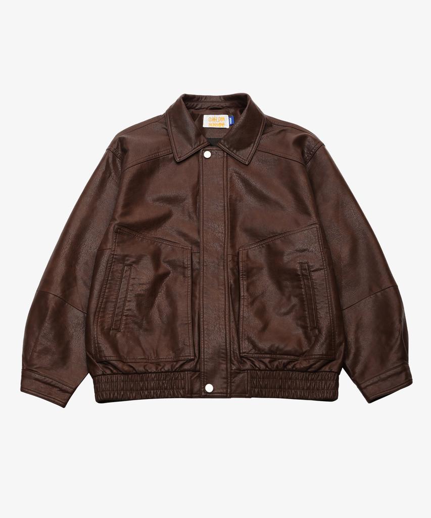Golden Sunshine Vintage Leather Collar Bomber Jacket_Brown