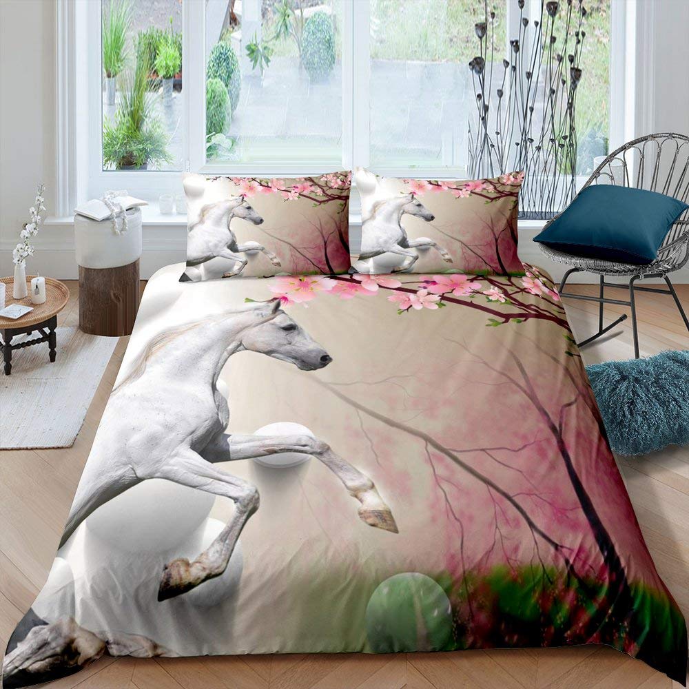 White Horse Pink Cherry Blossom King Full Bedding Set Watercolor Floral Duvet Cover Animal Quilt Cover Polyester Comforter Cover