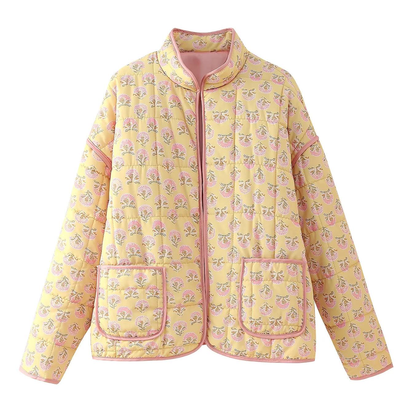 

Женская укороченная стеганая куртка, легкий стеганый кардиган с длинными рукавами и цветочным принтом L