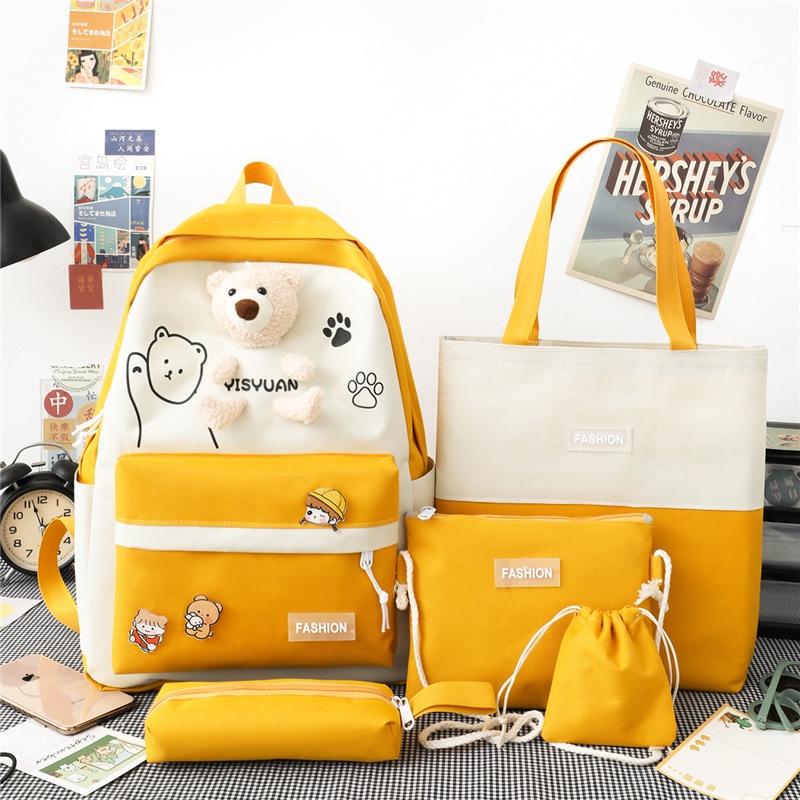 IELGY Korean version of cute bear doll five-piece campus rucksack student backpack