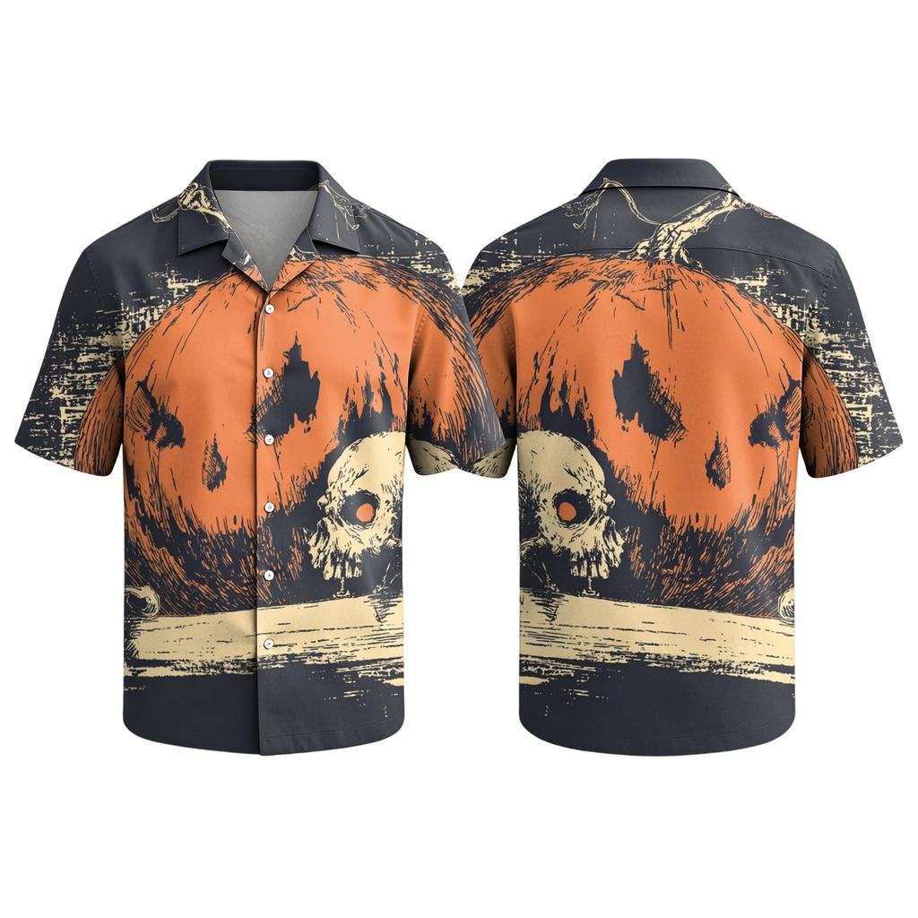 Men's Casual Short Sleeve Button Down Shirt Halloween Print Camp Collar Relaxed Fit Lightweight Top