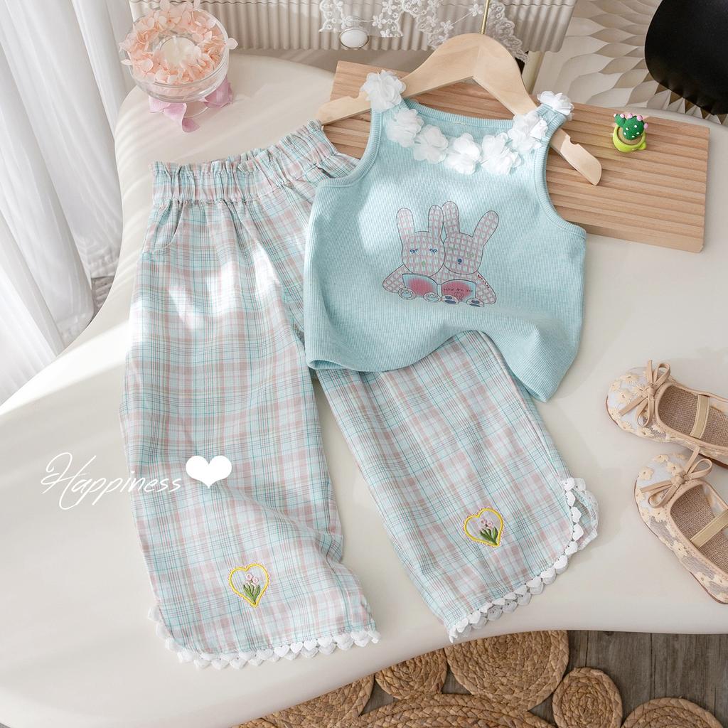Girls' Summer Set Fashionable Lace Collar Rabbit Print Vest Checkered Embroidery Cropped Pants Two-piece Set