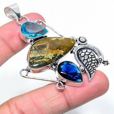 

Natural Ocean Jasper, Blue Topaz Gemstone 925 Sterling Silver Pendant 2.64 A8W31