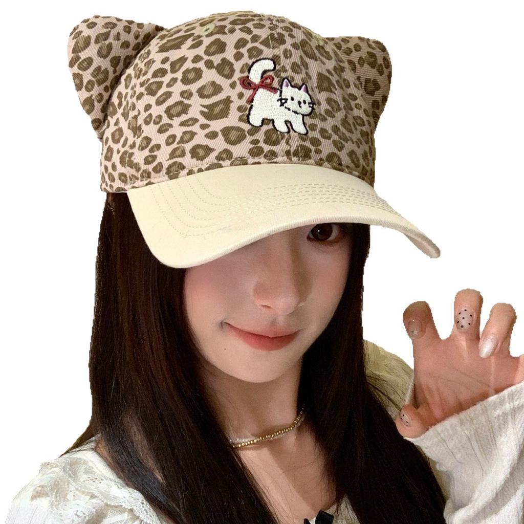 Sweet and cute leopard print cat ears cap female sweet and cool wide brim enlarged baseball cap fashionable big head circumference hat