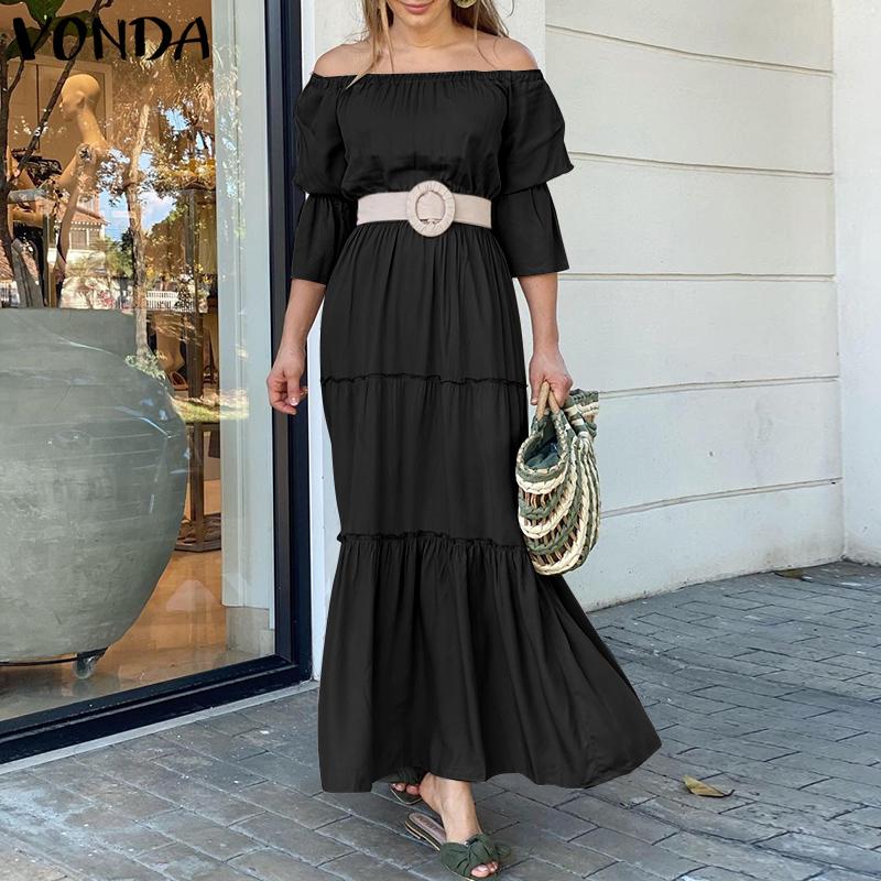 VONDA Summer Moda Femenina Off Shoulder Holiday Maxi Vestido 3/4 Mangas  Color Sólido Fiesta Plisada Noche Vestidos Largos Sueltos Plus Size Kleid  comprar a buen precio — entrega gratuita, reseñas reales con