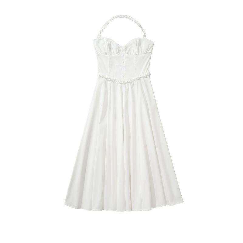 

Quiet Heart House Same Style French style Fresh Pure Sweet Sexy Lace Hanging Neck Backless Waist Hugging Dress Quietly heart L