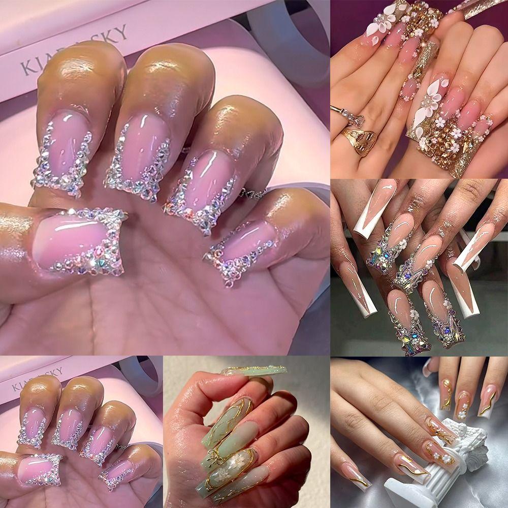 24pcs Long Water Pipe False Nails Sparkling Rhinestone White Flowers Nail Tips Green Daisies Full Cover Fake Nails DIY