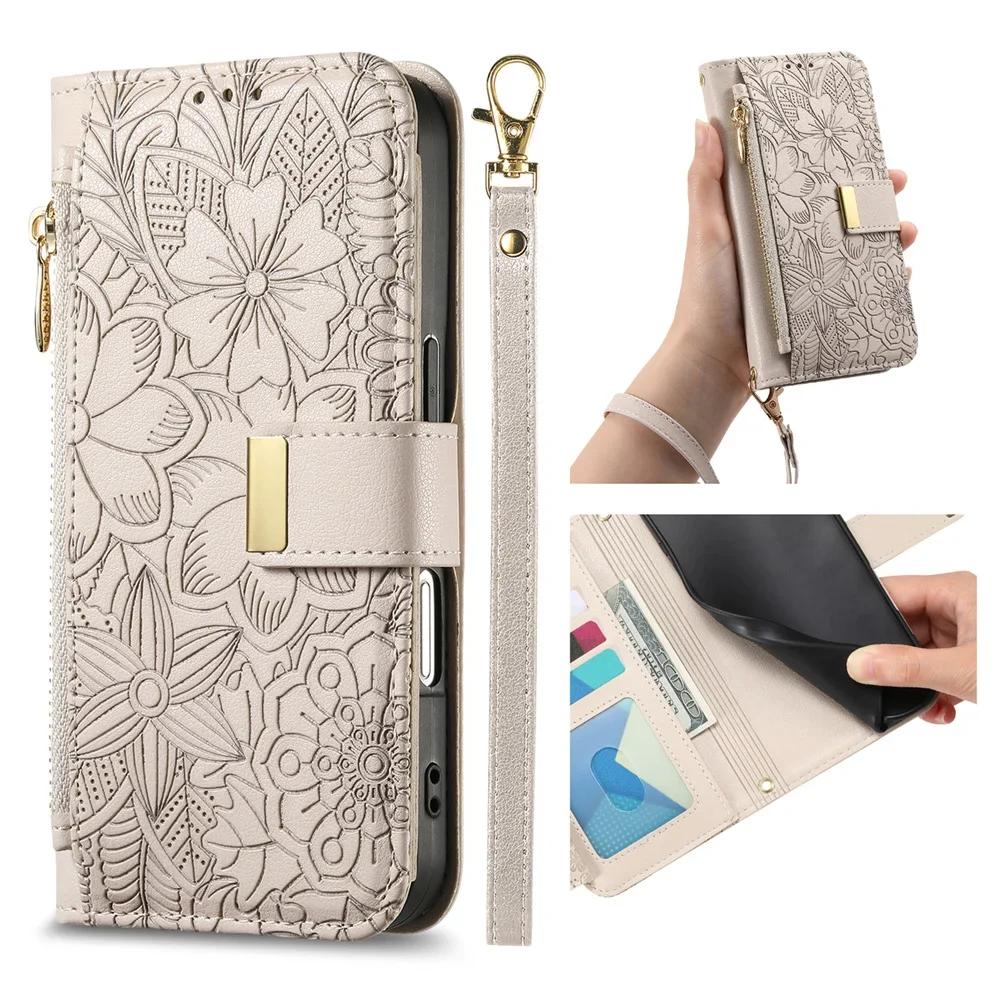 Custodia in Pelle a Portafoglio con Cerniera e Flip per IPhone 17 Air 16E 16 15 14 13 12 Pro Max Slot per Carte Portafoglio Cinturino da Polso Copertura Protettiva Custodia