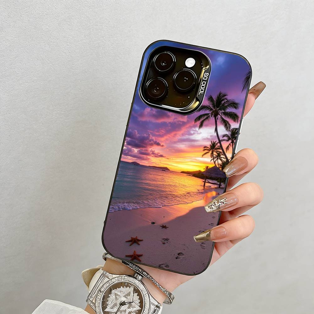 Sea Tropical Palm Trees Beach Phone Case For iPhone 17,16,15,14,13,12,11 Plus,Pro Max,XS,Colorful Silver Phone case Funda Cover iPhone16ProMax