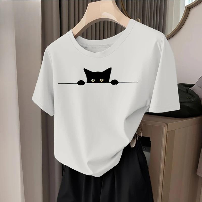 Black Cat Peeping Printed Unisexcasual Round Neck Short Sleeved Cat Printed Tshirt Fashionable And Comfortable Shirt