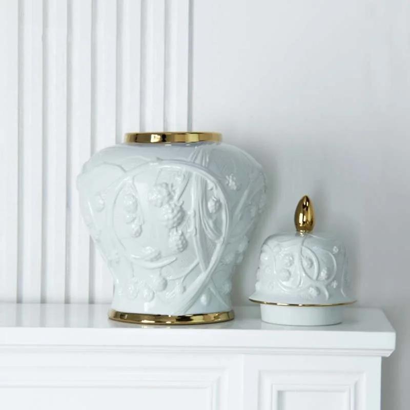 Ceramic Pot Porcelain Ginger Jar Embossed Flower Pattern Storage Tank Flower Vase Shogun Jar Home Decoration Accessories