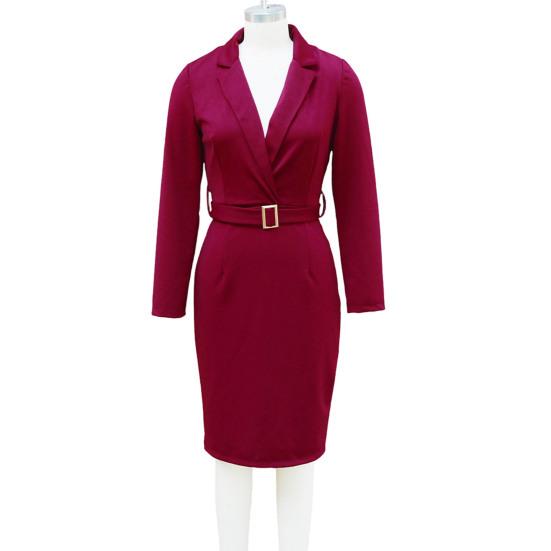 Women's Work Dress Long Sleeve Deep V Neck Bodycon Sheath Suit Dress Church Teacher Business Office Outfit with Square Buckle