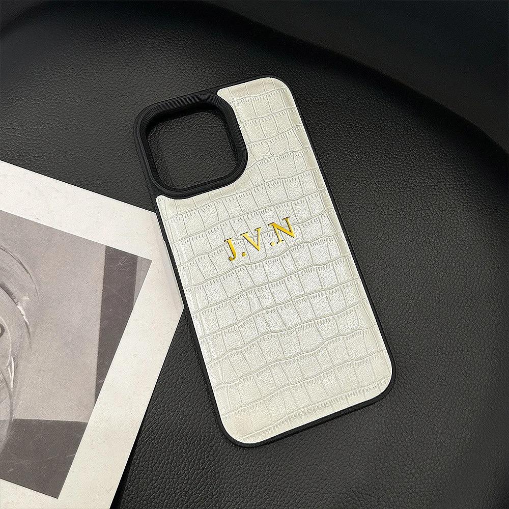 Personalized Case For iPhone 16 15 14 13 12 11 Pro Max  Initials Name Letters Soft Crocodile Leather Cover 16 Pro Max