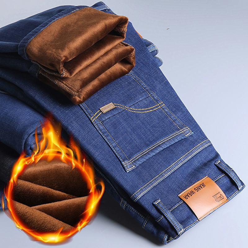 Autumn and winter velvet thickened jeans large size loose straight elastic casual high waist middle man